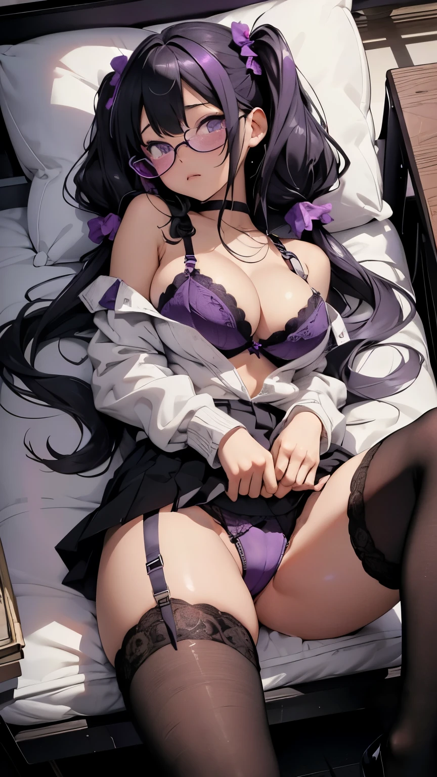Black twin tails、Glasses、Embarrassing、Close ~ eyes、tears、Drooling、Huge breasts、Purple sexy bra、Purple sexy panties、Camel toe、Thick thighs、NSFW