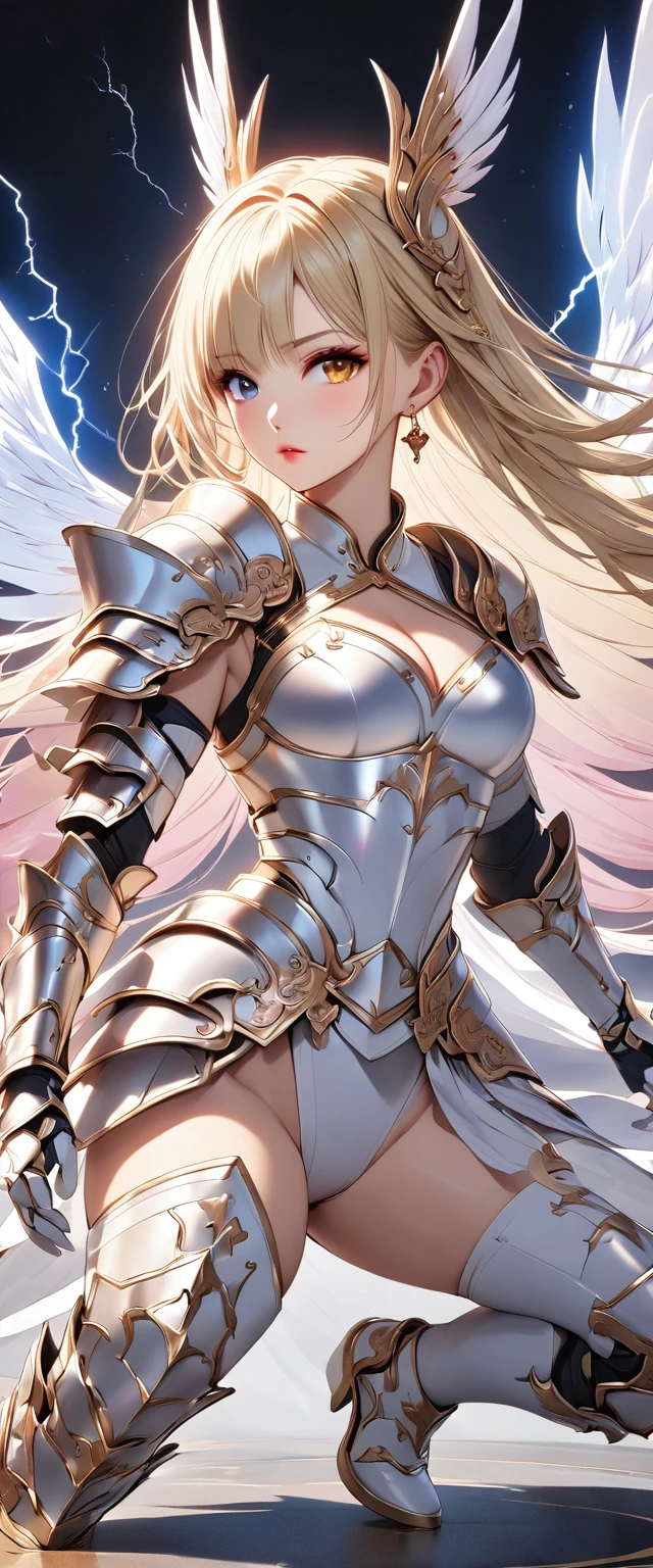 (Perfect Anatomy)、Mastepiece、Ultra High Quality、 8k、masterpiece、Highest quality、Ultra-high resolution、Maximum resolution、Very detailed、Professional Lighting、anime、woman、thin、so beautiful、Highly detailed eye、Highly detailed face、Golden earrings、Blonde, hair bun, Yellow Eyes、Detailed armor patterns、Mid-chest, makeup, eyeliner, eye shadow, pink cheek, pink lips, goddess armor, white open mini skirt , full body, gold pattern, white super long boots, white long gloves, female martial artist, high heels, white clawed gauntlets, white cute headgear, gold knee armor, Striking with magical lightning, Stepping in