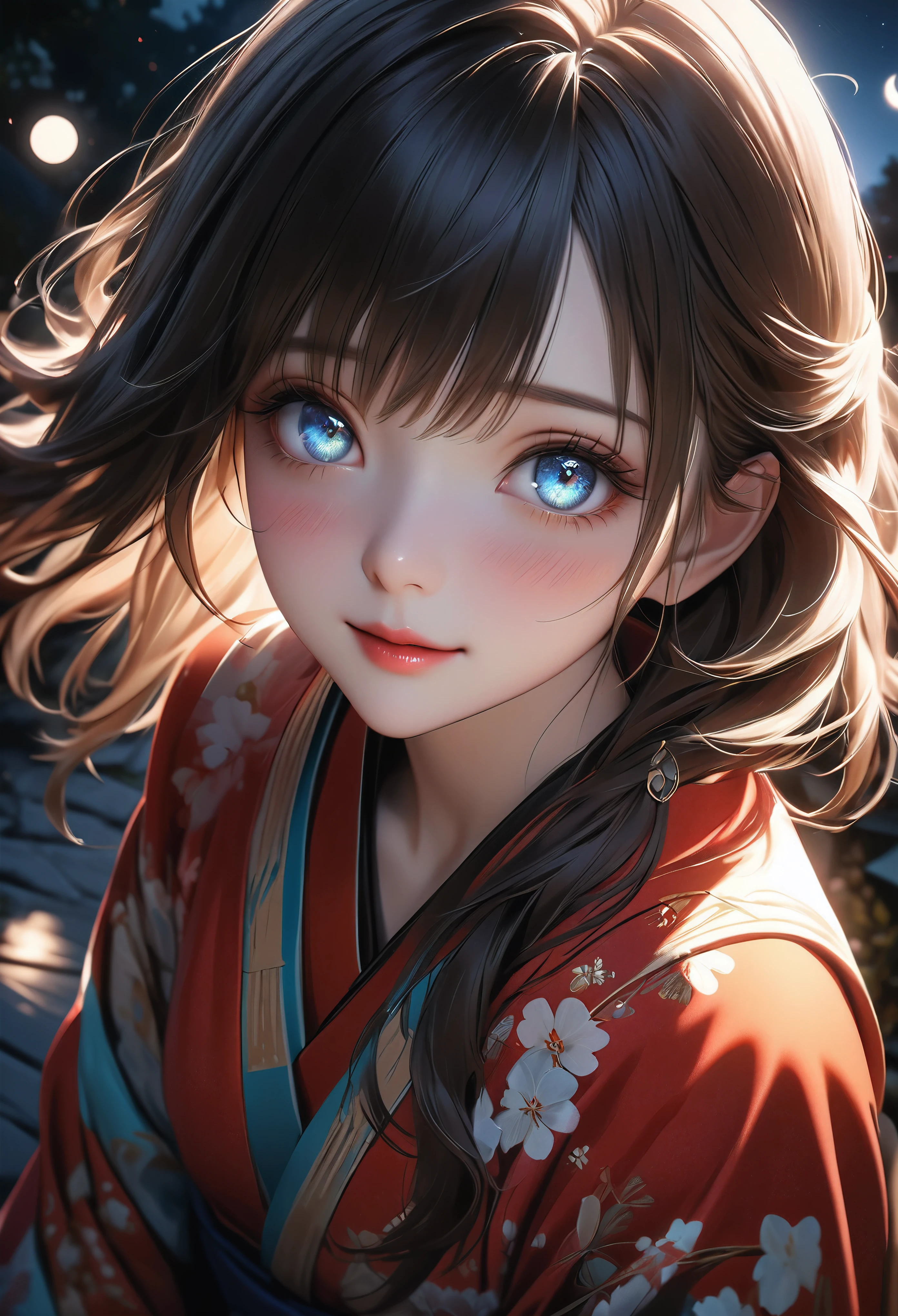 a beautiful girl in a vibrant kimono confessing her love under the light of a large full moon, her face flushed with nervousness and shyness, gazing up with large, captivating eyes, dramatic shadows and backlighting, (best quality,4K,8k,highres,masterpiece:1.2),ultra-detailed,(realistic,photorealistic,photo-realistic:1.37),dramatic lighting,stunning detailed eyes,extremely detailed face,flawless skin,long eyelashes,detailed lips,soft lighting,cinematic,romantic,emotional,radiant colors,glowing moon,dark night,reverse backlighting,underexposed,unreadable expression,moonlit aesthetic,dramatic shadows,looking directly at viewer,I've always loved you❤️,(shot from above:1.37), ずっとあなたのことが好きでした❤️, blush, A meaningful smile, Draw the moon high up, 