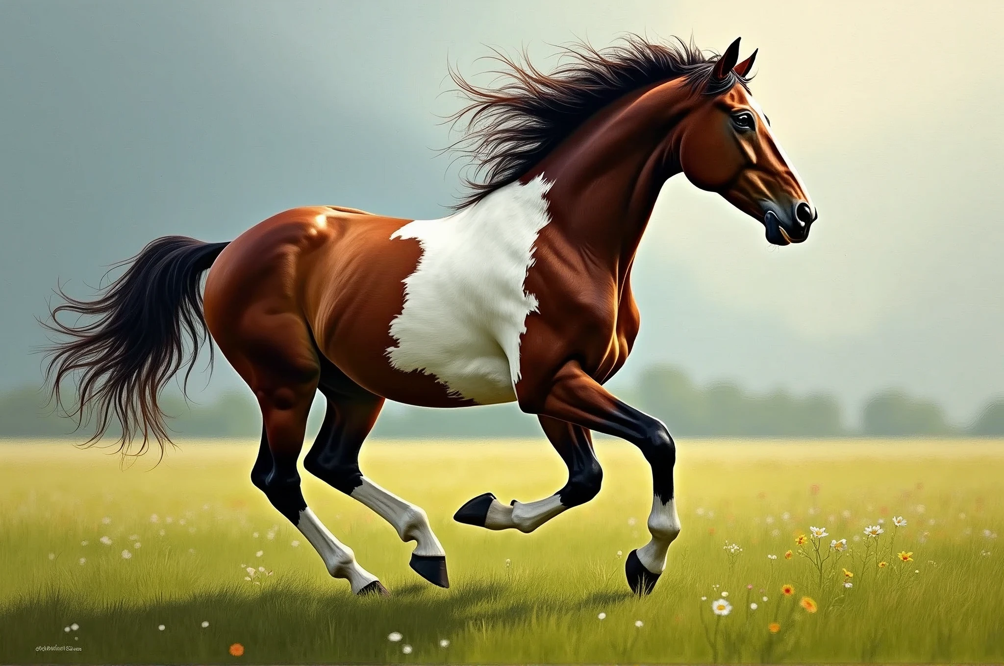 detailed oil painting of a pinto horse, hyper-realistic, best oil painting techniques applied to capture the motion of the horse running through a field where its glossy coat contrasts with the green, 1 horse, photorealistic,(best quality,4k,8k,highres,masterpiece:1.2),ultra-detailed,(realistic,photorealistic,photo-realistic:1.37),studio lighting,physically-based rendering,extreme detail description,professional,vivid colors,dramatic lighting