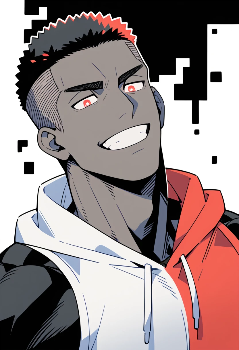 anime characters:Slam Dunk-Sakuragi Hanamichi, Black Black Skin Muscle Sports Student, Manliness, male focus, Sports tight hooded sweatshirt, Wear a high-necked tights underneath, Very tight, Huge pectoral muscles, muscular male, muscular, only, Upper body, alone, Red short hair, Thick eyebrows, Stubble, Brown-red pupils, White background, Solid color background, Clean background, simple background, amazing quality, best aesthetics, Ridiculous, crew cut, smirk, bright pupils, grin, negative space, negative space, best quality