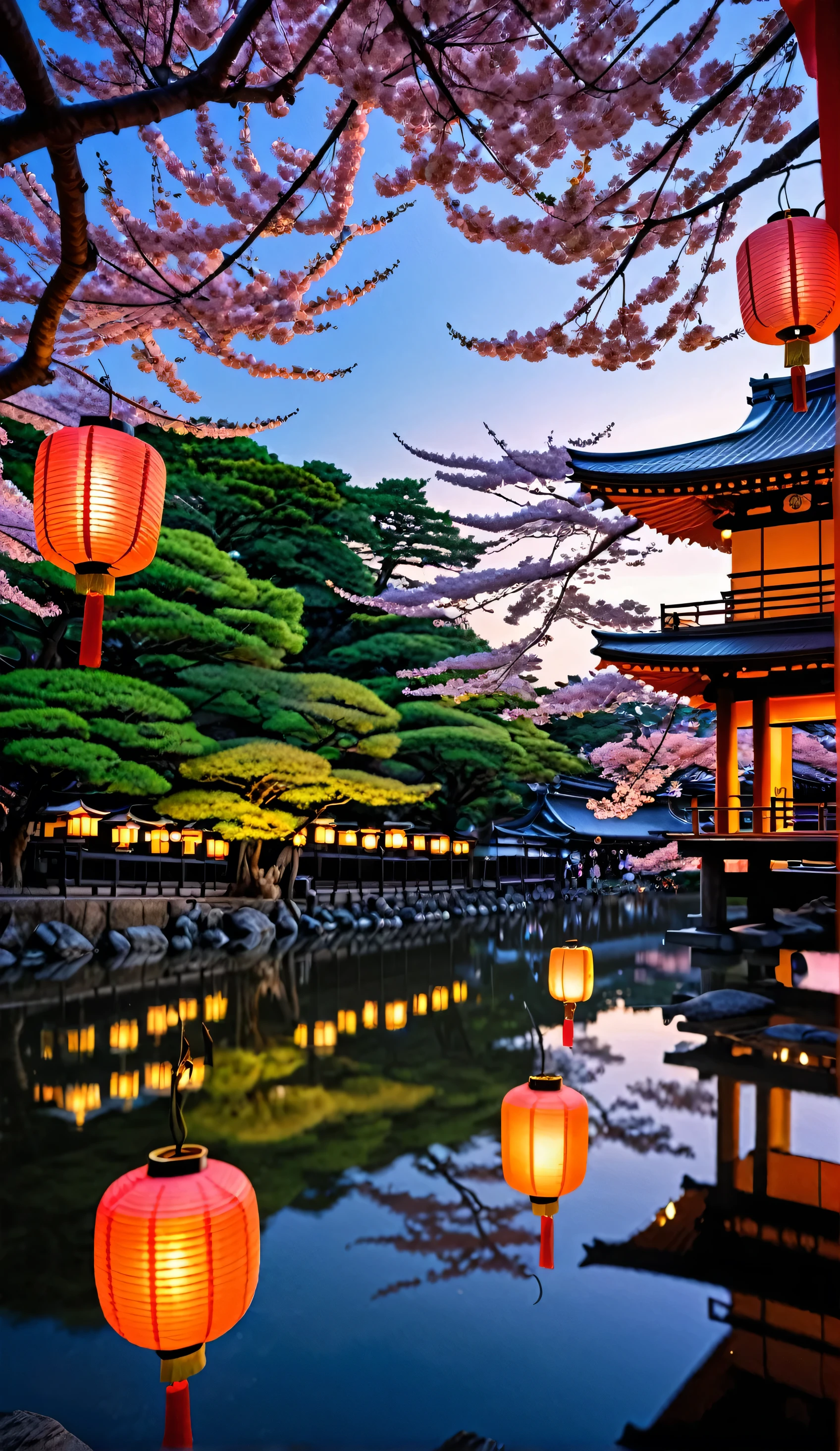 Create a mesmerizing scene in the 19th Century Japan style. Imagine a bustling marketplace during a vibrant festival in Edo-period Japan. The streets are lined with traditional wooden stalls selling an array of goods, from colorful kimonos and intricate fans to exotic spices and handmade pottery. Lanterns of various shapes and sizes hang overhead, casting a warm, inviting glow. In the background, majestic cherry blossom trees are in full bloom, their petals gently drifting in the breeze. The sky transitions from a brilliant sunset to the deep hues of twilight. People dressed in traditional attire mingle and celebrate, while performers entertain with dance and music. A tranquil river winds through the scene, reflecting the lanterns and the distant silhouette of a grand Shinto shrine. The colors should be rich and vibrant, capturing the essence of traditional Japanese art with a touch of romanticism and nostalgia. The entire scene should evoke a sense of timeless beauty and cultural richness, inviting viewers into the enchanting world of 19th century Japan.