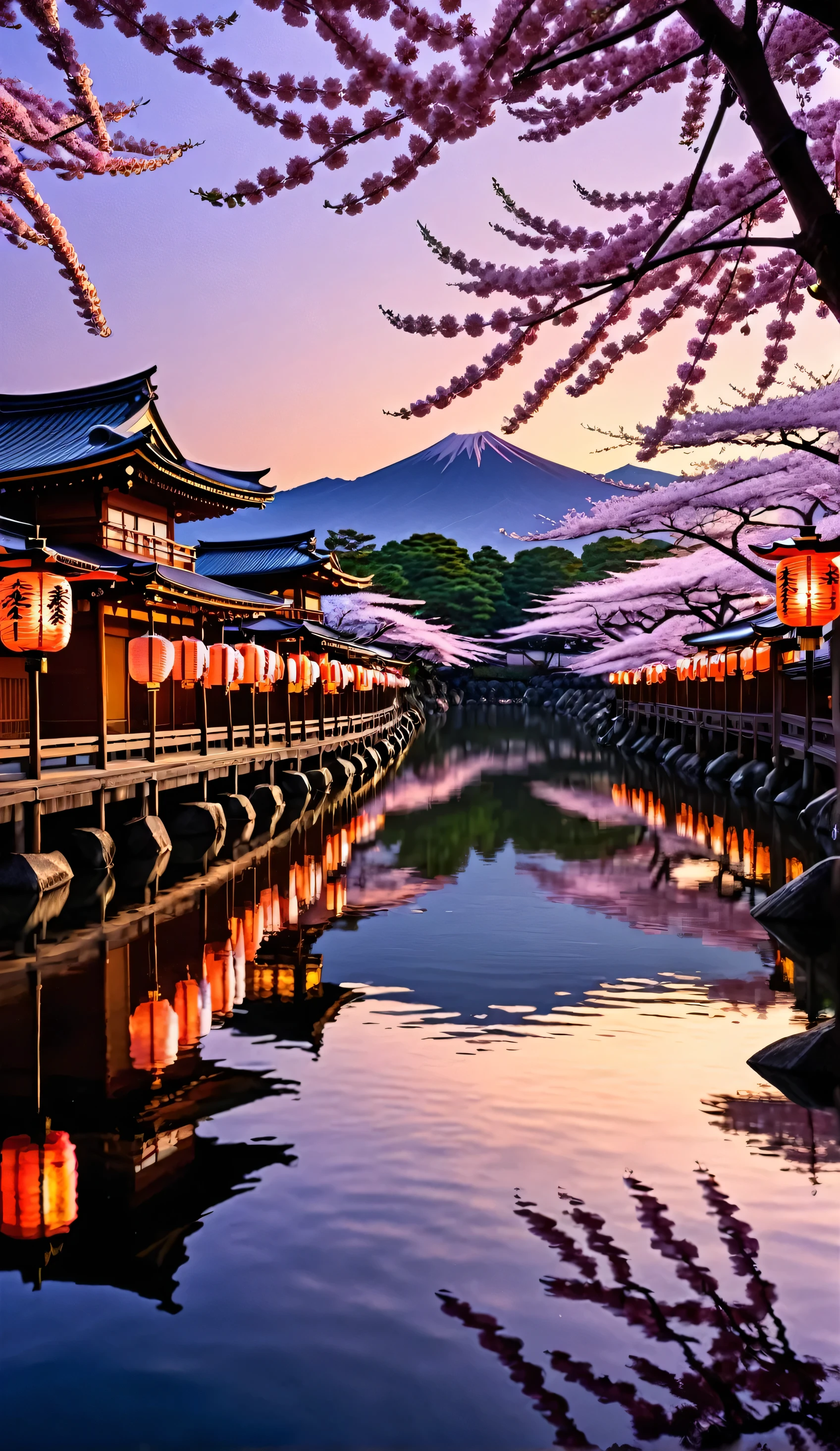 Create a mesmerizing scene in the 19th Century Japan style. Imagine a bustling marketplace during a vibrant festival in Edo-period Japan. The streets are lined with traditional wooden stalls selling an array of goods, from colorful kimonos and intricate fans to exotic spices and handmade pottery. Lanterns of various shapes and sizes hang overhead, casting a warm, inviting glow. In the background, majestic cherry blossom trees are in full bloom, their petals gently drifting in the breeze. The sky transitions from a brilliant sunset to the deep hues of twilight. People dressed in traditional attire mingle and celebrate, while performers entertain with dance and music. A tranquil river winds through the scene, reflecting the lanterns and the distant silhouette of a grand Shinto shrine. The colors should be rich and vibrant, capturing the essence of traditional Japanese art with a touch of romanticism and nostalgia. The entire scene should evoke a sense of timeless beauty and cultural richness, inviting viewers into the enchanting world of 19th century Japan.