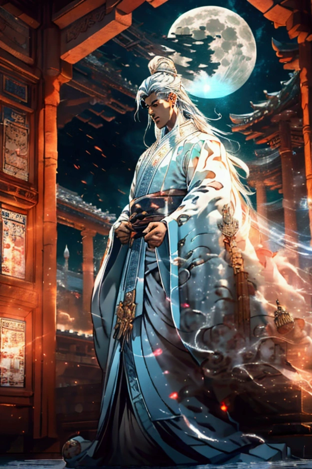 The male,Male,White Hanfu,long white hair,Long flowing hair,Wide robe with large sleeves,Ancient wind,Solid color clothes,The clothes do not have any patterns,laughingly,softlighting,water ink,Behind it is the full moon,low-saturation,low-contrast,led floodlights