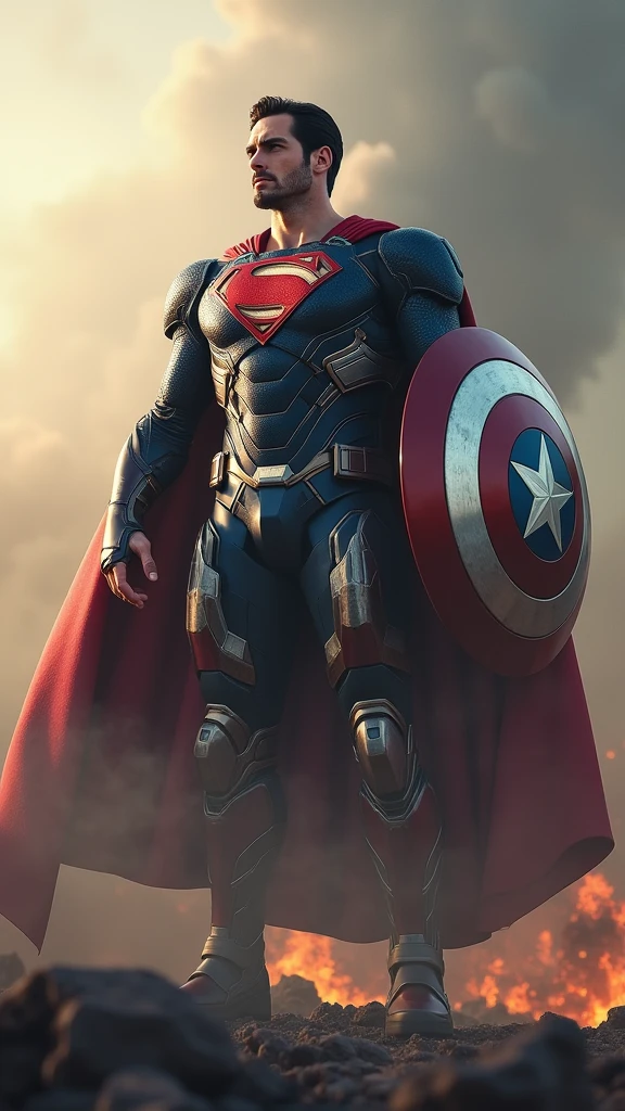 Wearing Iron Man&#39;s armor and helmet，Superman logo on the chest，A character holding a Captain America shield，Behind me is the smoke of war