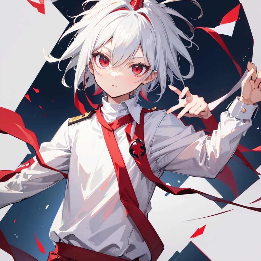 (high-quality, breathtaking),(expressive eyes, perfect face), short, young boy, short white hair, red eyes, smiling, black school uniform, wear shorts, urban setting, sunshine, blue sky, shine, glow.