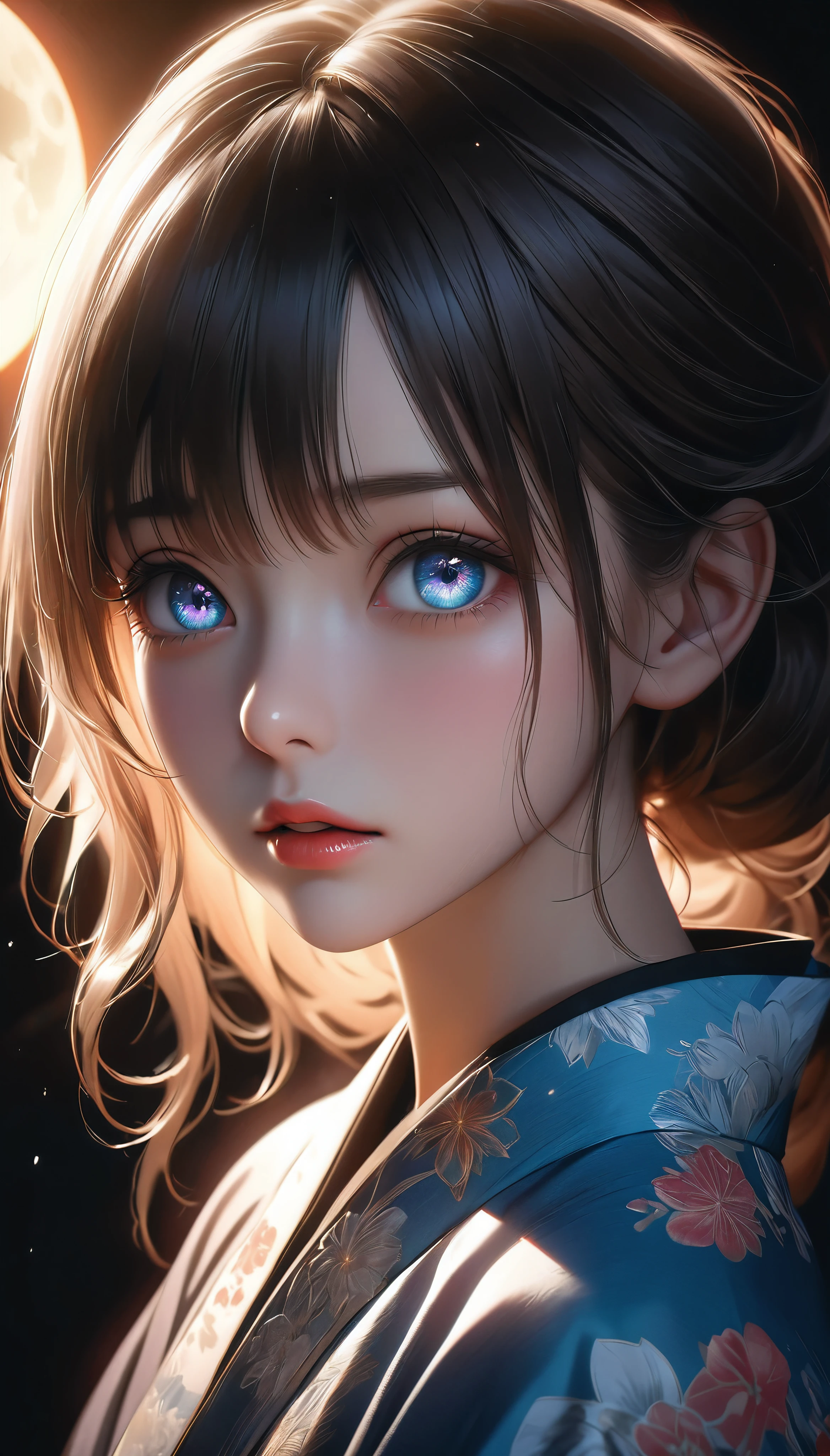 a beautiful girl in a vibrant kimono confessing her love under the light of a large full moon, her face flushed with nervousness and shyness, gazing up with large, captivating eyes, dramatic shadows and backlighting, (best quality,4k,8k,highres,masterpiece:1.2),ultra-detailed,(realistic,photorealistic,photo-realistic:1.37),dramatic lighting,stunning detailed eyes,extremely detailed face,flawless skin,long eyelashes,detailed lips,soft lighting,cinematic,romantic,emotional,radiant colors,glowing moon,dark night,reverse backlighting,underexposed,unreadable expression,moonlit aesthetic,dramatic shadows,looking directly at viewer,I've always loved you❤️,(shot from above:1.37)