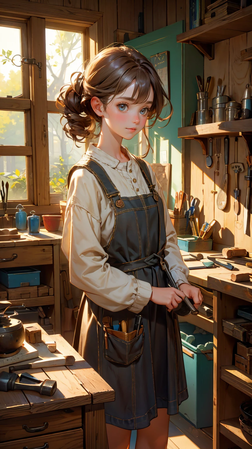 A detailed and realistic image of a cute, beautiful girl in a craftsman's workshop. The background features a cluttered workbench with various tools, wood shavings, and a window letting in natural light. The workbench includes items such as wooden blocks, carving tools, and a variety of small objects scattered around. The window is partially open, with light streaming through, illuminating the workspace. The walls are lined with shelves holding additional tools and materials, creating a cozy and industrious atmosphere. The girl should have a warm, friendly expression, and be holding a small wooden object. She should be dressed in casual, comfortable clothing suitable for crafting.