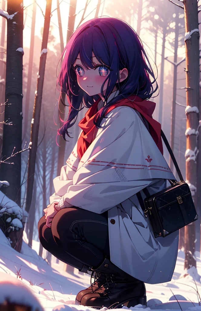 aihoshino, Ai Hoshino, Long Hair, bangs, (Purple eyes:1.1), Purple Hair, (Symbol-shaped pupil:1.5), smile,,smile,blush,white breath,
Open your mouth,snow,Ground bonfire, Outdoor, boots, snowing, From the side, wood, suitcase, Cape, Blurred, , forest, White handbag, nature,  Squat, Mouth closed, Cape, winter, Written boundary depth, Black shoes, red Cape break looking at viewer, Upper Body, whole body, break Outdoor, forest, nature, break (masterpiece:1.2), Highest quality, High resolution, unity 8k wallpaper, (shape:0.8), (Beautiful and beautiful eyes:1.6), Highly detailed face, Perfect lighting, Highly detailed CG, (Perfect hands, Perfect Anatomy),
