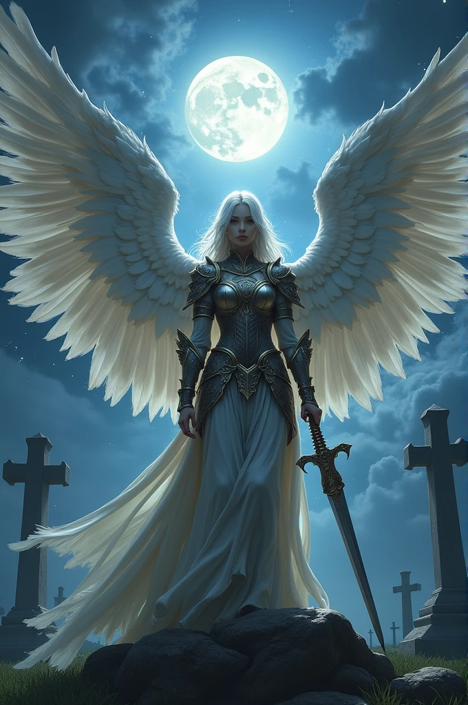 an epic fantasy art of aasimar, female, paladin ready for battle under the full moon, holy warrior, spread large feathered wings, (wings sprouting from the back: 1.3), majestic wings, white angelic wings spread (Masterpiece, intense details: 1.5), moon light, moon, stars, clouds, holy symbol, armed with a divine sword, wearing holy armor, dynamic hair color, dynamic hair style, dynamic skin complexion, dark fantasy cemetery background, anatomically correct (Masterpiece 1.3, intense details), angel_wings, determined face, god rays, cinematic lighting, glowing light, silhouette, from outside, photorealism, panoramic view (Masterpiece 1.3, intense details) , Wide-Angle, Ultra-Wide Angle, 16k, highres, best quality, high details, 16K, ultra detailed, masterpiece, best quality, (extremely detailed), arafed, dnd art, portrait, full body,