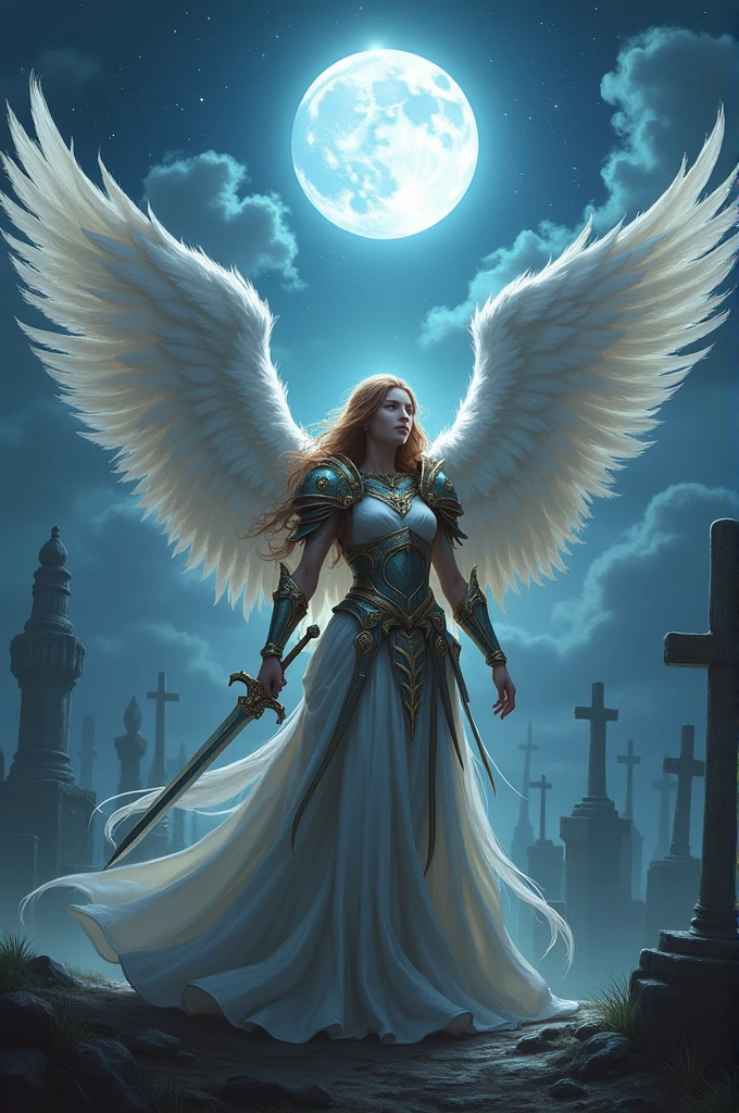 an epic fantasy art of aasimar, female, paladin ready for battle under the full moon, holy warrior, spread large feathered wings, (wings sprouting from the back: 1.3), majestic wings, white angelic wings spread (Masterpiece, intense details: 1.5), moon light, moon, stars, clouds, holy symbol, armed with a divine sword, wearing holy armor, dynamic hair color, dynamic hair style, dynamic skin complexion, dark fantasy cemetery background, anatomically correct (Masterpiece 1.3, intense details), angel_wings, determined face, god rays, cinematic lighting, glowing light, silhouette, from outside, photorealism, panoramic view (Masterpiece 1.3, intense details) , Wide-Angle, Ultra-Wide Angle, 16k, highres, best quality, high details, 16K, ultra detailed, masterpiece, best quality, (extremely detailed), arafed, dnd art, portrait, full body,