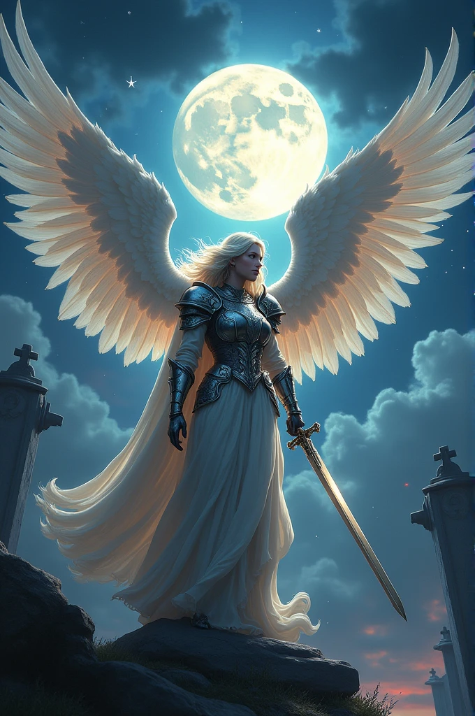 an epic fantasy art of aasimar, female, paladin ready for battle under the full moon, holy warrior, spread large feathered wings, (wings sprouting from the back: 1.3), majestic wings, white angelic wings spread (Masterpiece, intense details: 1.5), moon light, moon, stars, clouds, holy symbol, armed with a divine sword, wearing holy armor, dynamic hair color, dynamic hair style, dynamic skin complexion, dark fantasy cemetery background, anatomically correct (Masterpiece 1.3, intense details), angel_wings, determined face, god rays, cinematic lighting, glowing light, silhouette, from outside, photorealism, panoramic view (Masterpiece 1.3, intense details) , Wide-Angle, Ultra-Wide Angle, 16k, highres, best quality, high details, 16K, ultra detailed, masterpiece, best quality, (extremely detailed), arafed, dnd art, portrait, full body,