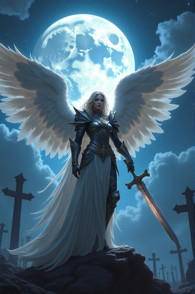 an epic fantasy art of aasimar, female, paladin ready for battle under the full moon, holy warrior, spread large feathered wings, (wings sprouting from the back: 1.3), majestic wings, white angelic wings spread (Masterpiece, intense details: 1.5), moon light, moon, stars, clouds, holy symbol, armed with a divine sword, wearing holy armor, dynamic hair color, dynamic hair style, dynamic skin complexion, dark fantasy cemetery background, anatomically correct (Masterpiece 1.3, intense details), angel_wings, determined face, god rays, cinematic lighting, glowing light, silhouette, from outside, photorealism, panoramic view (Masterpiece 1.3, intense details) , Wide-Angle, Ultra-Wide Angle, 16k, highres, best quality, high details, 16K, ultra detailed, masterpiece, best quality, (extremely detailed), arafed, dnd art, portrait, full body,