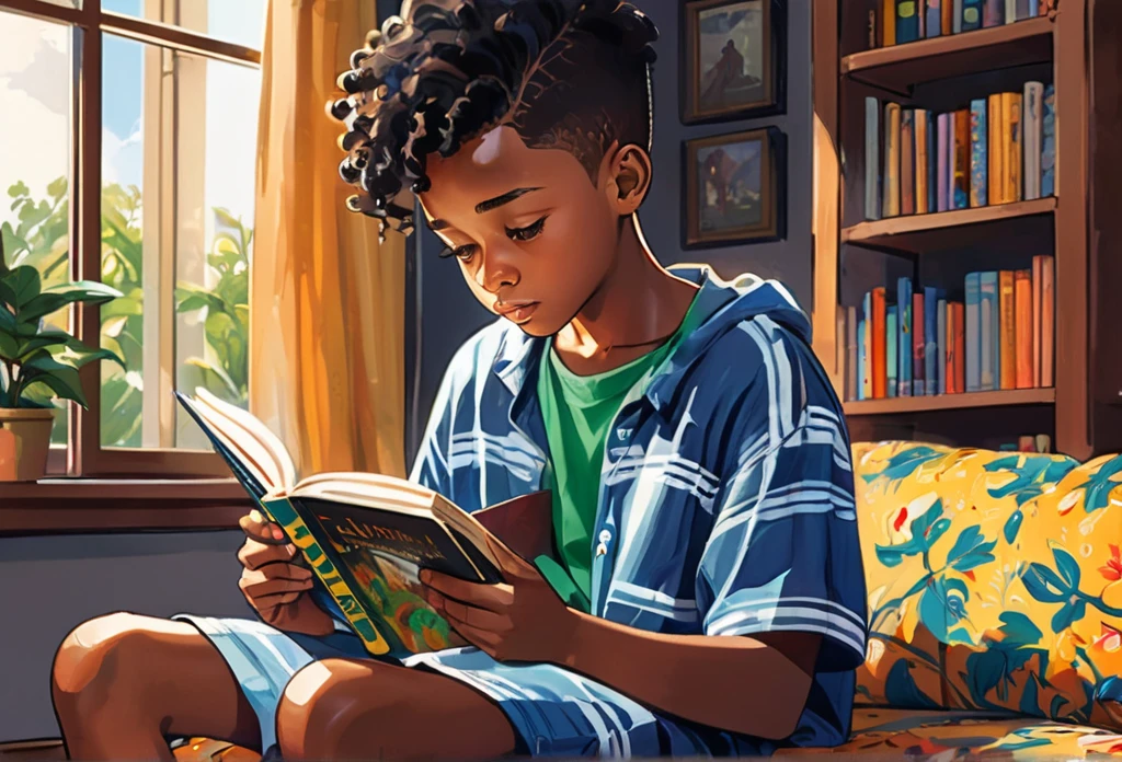  13 years old black teenage boy, reading a book in his living room casual dress, 
 (masterpiece best quality:1.2) delicate illustration ultra-detailed, illustrations, bright, colourful, 