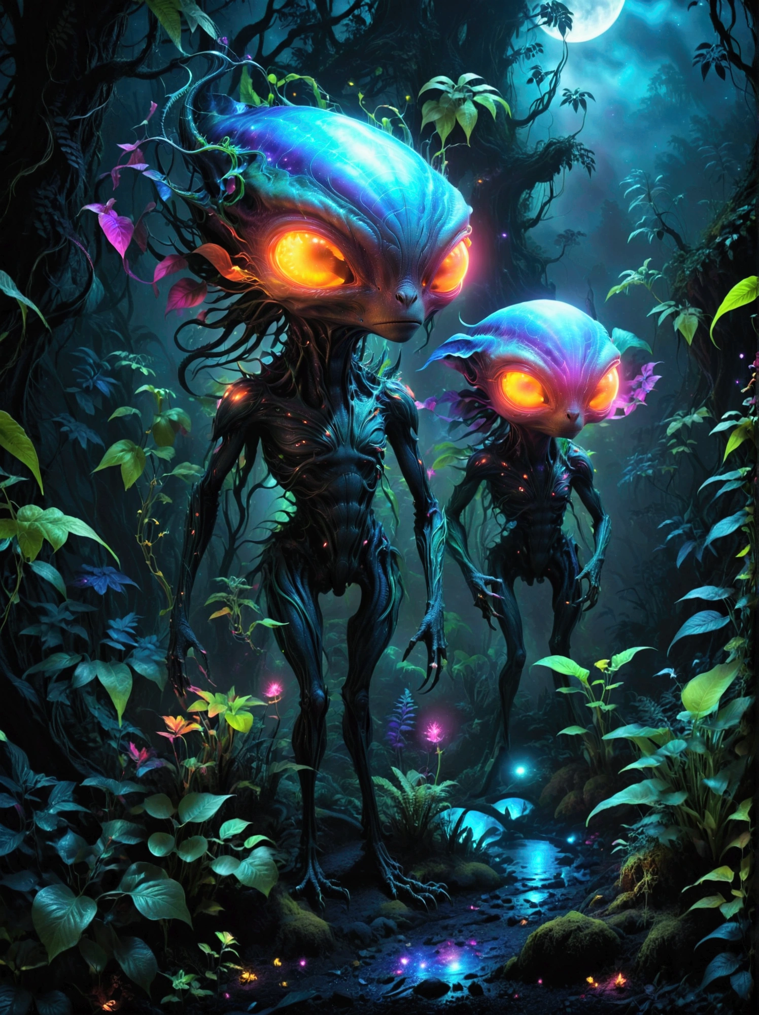 （Best quality，8k，high resolution，masterpiece：1.2），Super detailed，alien forest，harsh environment，(((dark night background，恐怖的外星dark night background，Black light art background))), 可怕的发光Alien Creatures，Powerful electromagnetic waves，Light Wave，Flying in the air，anger，transparent，Long legs，Glowing alien plants，Magic Wand，Fantasy landscape，Dark depressing colors，Fluorescent atmosphere，异想天开的Alien Creatures，otherworldly plants，Horrible scenery，Mysterious aura，Alien Creatures，Mesmerizing charm，Ethereal atmosphere，Surreal elements，Cosmic Energy，Fantasy realm，Dreamlike environment，Surreal creatures，Horror Forest，Imaginary worlds，Amazing alien terrain，Whimsical plants，Mood lighting，Vibrant Leaves，The ethereal existence，otherworldly glow，captivating details，Complex texture，Vibrant colors