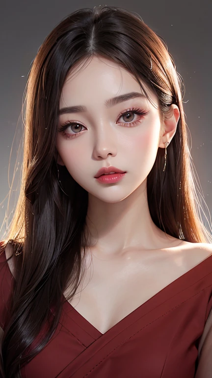 high resolution portrait。With a symmetrical face、Have clear, smooth skin and a radiant complexion。The facial features are well defined、High cheekbones、Straight nose、Characterized by plump lips。The eyes are large and expressive、Have long, thick eyelashes and perfectly groomed eyebrows。The makeup style is focused on glowing skin with a pearly shine.、Full coverage foundation、Orange blush、Sharp contouring、Holographic eyeshadow、Cool Tone Highlights、Uses deep red lipstick。Wet hair style、Using oils and balms to create volume。The background is simple and elegant.、The focus is on her face.。The lighting is soft and inviting、Enhance her features、It gives a glamorous impression。