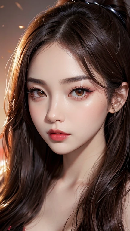 high resolution portrait。With a symmetrical face、Have clear, smooth skin and a radiant complexion。The facial features are well defined、High cheekbones、Straight nose、Characterized by plump lips。The eyes are large and expressive、Have long, thick eyelashes and perfectly groomed eyebrows。The makeup style is focused on glowing skin with a pearly shine.、Full coverage foundation、Orange blush、Sharp contouring、Holographic eyeshadow、Cool Tone Highlights、Uses deep red lipstick。Wet hair style、Using oils and balms to create volume。The background is simple and elegant.、The focus is on her face.。The lighting is soft and inviting、Enhance her features、It gives a glamorous impression。