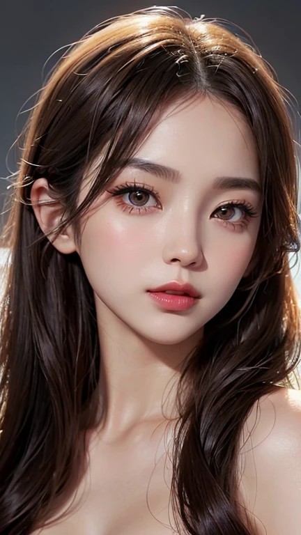 high resolution portrait。With a symmetrical face、Have clear, smooth skin and a radiant complexion。The facial features are well defined、High cheekbones、Straight nose、Characterized by plump lips。The eyes are large and expressive、Have long, thick eyelashes and perfectly groomed eyebrows。The makeup style is focused on glowing skin with a pearly shine.、Full coverage foundation、Orange blush、Sharp contouring、Holographic eyeshadow、Cool Tone Highlights、Uses deep red lipstick。Wet hair style、Using oils and balms to create volume。The background is simple and elegant.、The focus is on her face.。The lighting is soft and inviting、Enhance her features、It gives a glamorous impression。