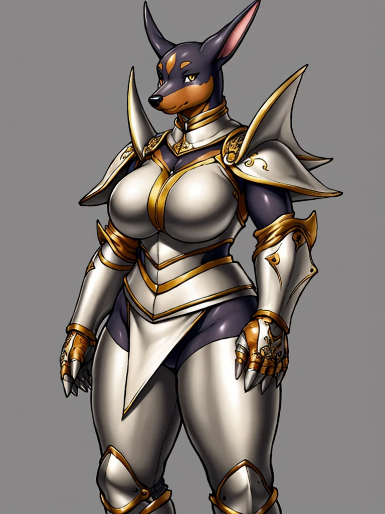 ((dog)), furry female anthro,HD,sharp,beautiful and detailed,woman ((anthro)),1girl,Milf, mature woman,(look at viewer) ,(perfect eyes),(doberman),sad,brown skin,dark skin,by dr comet,by pochincoff, by jlullaby,by kingbang,by obui,by ZeroQrisu,by sparrow,by gmeen,yellow eyes,standing,knight outfit,armor,old scool fantasy art,((simple background)),(gray background),