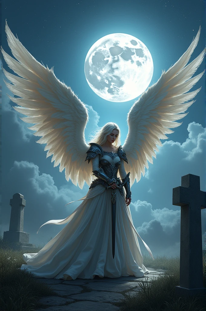 an epic fantasy art portrait of aasimar, female, paladin ready for battle under the full moon, holy warrior, spread large feathered wings, (wings sprouting from the back: 1.3), majestic wings, white angelic wings spread (Masterpiece, intense details: 1.5), moon light, moon, stars, clouds, holy symbol, armed with a divine sword, wearing holy armor, dynamic hair color, dynamic hair style, dynamic skin complexion, dark fantasy cemetery background, anatomically correct (Masterpiece 1.3, intense details), angel_wings, determined face, god rays, cinematic lighting, glowing light, silhouette, from outside, photorealism, panoramic view (Masterpiece 1.3, intense details) , Wide-Angle, Ultra-Wide Angle, 16k, highres, best quality, high details, 16K, ultra detailed, masterpiece, best quality, (extremely detailed), arafed, dnd art, portrait, full body,