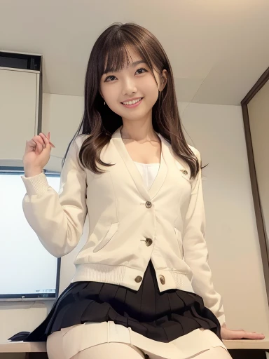 Japanese female, (underweight), (flat chest best quality:1.5), (cheerful grin:1.5),
in the office, (Office Lady), glad, sitting, medium hair, (cream skirt, long sleeves, pantyhose, cream jacket:1.1), with a sofa Japanese, Joyful Scene, light atmosphere, ((from below))