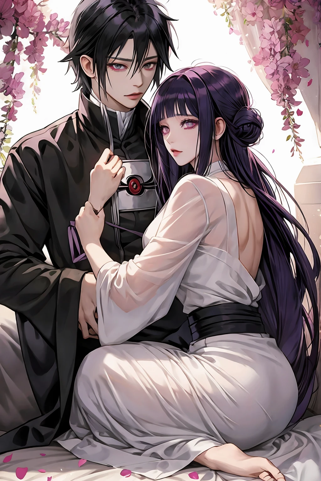 cover of paranormal romantic novel about a vampire and a commoner, ((1 male, Sasuke Uchiha)), ((1 female, Hinata Hyuga))