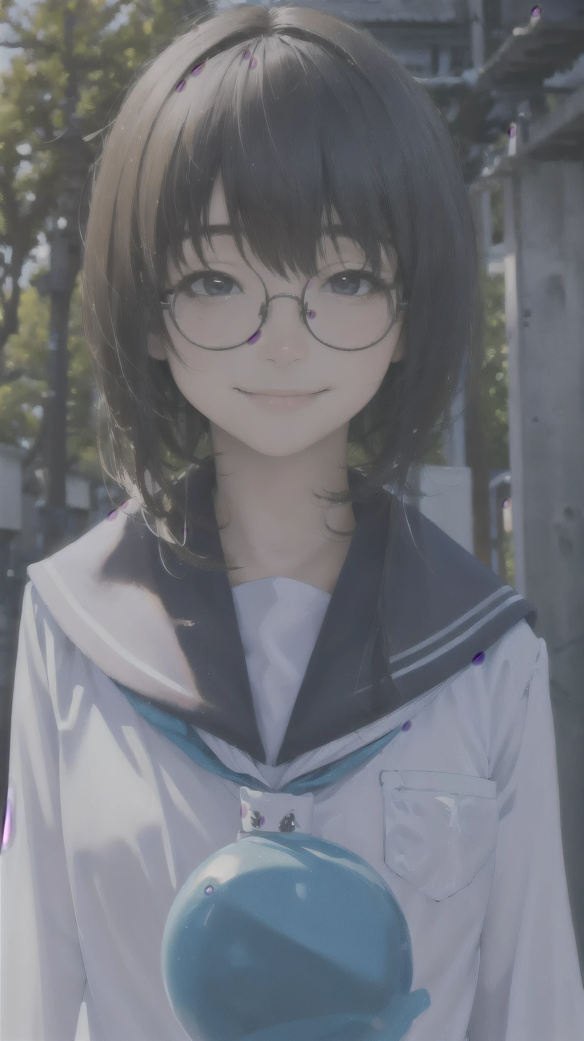 One girl、uniform、scenery、Glasses、Moderate bust、smile、Close-up of face、Beautiful girl、Highest quality、Masterpiece、Upper Body、solo