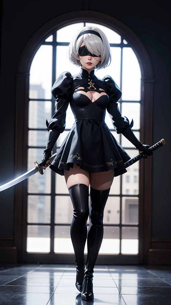 2B, 1girl, solo, short hair, thighhighs, gloves, long sleeves, dress, holding, cleavage, medium breasts, standing, full body, weapon, white hair, hairband, boots, puffy sleeves, sword, black thighhighs, black footwear, holding weapon, mole, black dress, high heels, leotard, clothing cutout, thigh boots, holding sword, cleavage cutout, katana, black hairband, juliet sleeves, mole under mouth, facing viewer, high heel boots, blindfold, covered eyes, black blindfold, feather-trimmed sleeves, masterpiece, 