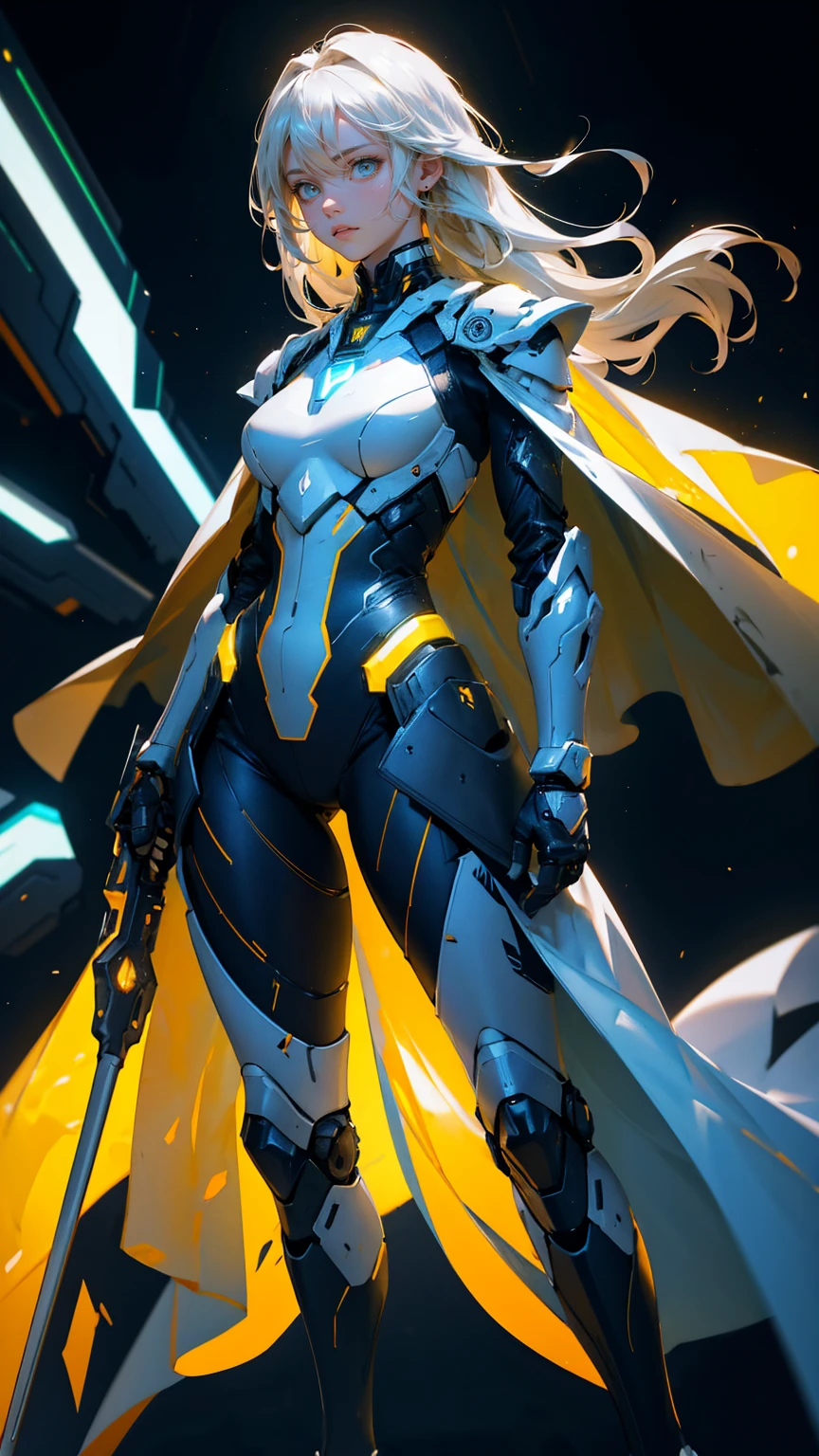 A detailed and realistic image of a cute, beautiful girl in futuristic, high-tech armor, standing confidently. The background features a dark, sleek environment with a large, stylized yellow 'X' and dynamic, shattered graphics. The girl should have a similar pose and presence as the original character, with a flowing yellow cape and advanced, armored suit. She should be equipped with a futuristic weapon, maintaining the same overall color scheme and style. The atmosphere should be energetic and intense, highlighting the advanced technological theme.