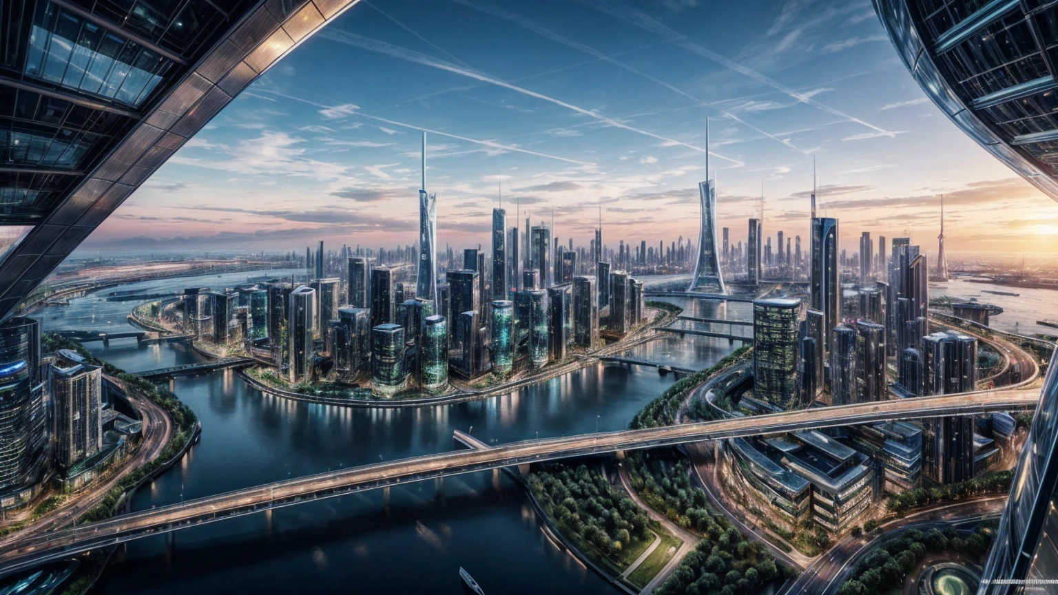 (Best quality,4K,8K,A high resolution,Masterpiece:1.2),Ultra-detailed,(Realistic,Photorealistic,photo-realistic:1.37),Futuristic floating city,Futuristic technology,Huge urban high-tech tablet platform,Airship,Floating in the sky,Futuristic city,Small airships around,High-tech hemispherical platform,Colorful lights,Advanced architecture,modernn architecture,skyscrapper,Access the cloud,Scenic beauty,view over city,Impressive design,Blend seamlessly with nature,energetic and vibrant atmosphere,Futuristic transportation system,Parking is suspended,Transparent path,Lush greenery,Sky gardens,cascading waterfalls,Magnificent skyline,reflections on the water,Sparkling river,Architectural innovation,futuristic skyscrapers,Transparent dome,The shape of the building is unusual,Elevated walkway,Impressive skyline,Glowing lights,Futuristic technology,Minimalist design,Scenic spots,Panoramic view,Cloud Piercing Tower,Vibrant colors,epic sunrise,epic sunset,Dazzling light display,magical ambiance,The future city,Urban Utopia,LuxuryLifestyle,Innovative energy,sustainable development,Smart city technology,Advanced infrastructure,Tranquil atmosphere,Nature and technology live in harmony,Awesome cityscape,Unprecedented urban planning,Architecture connects seamlessly with nature,High-tech metropolis,A cutting-edge engineering marvel,The future of urban living,Visionary architectural concept,Energy-efficient buildings,Harmony with the environment,A city floating above the clouds,Utopian dreams become reality,The possibilities are endless,State-of-the-art transportation network,Green energy integration,Innovative materials,Impressive holographic display,Advanced communication system,Breathtaking aerial view,Quiet and peaceful environment,Modernist aesthetics,Ethereal beauty