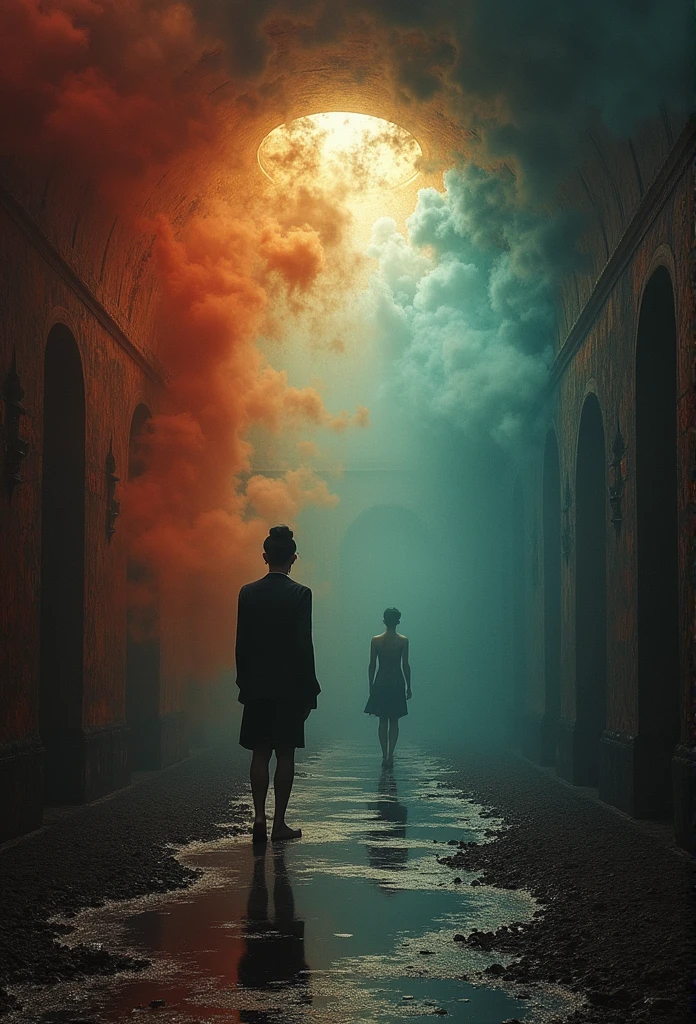 a museum in a perfect storm, amazing colorful composition, disturbance in the matrix, high contrast, an incredible visual illusion, DANCE SILHOUETTES, The fine art aspect of the old masters, Collaboration by Zdzislaw Beksinski with reinterpretation by Remedios Varo, chiaroscuro, homely and visionary dream full of viscose and dry, 8k