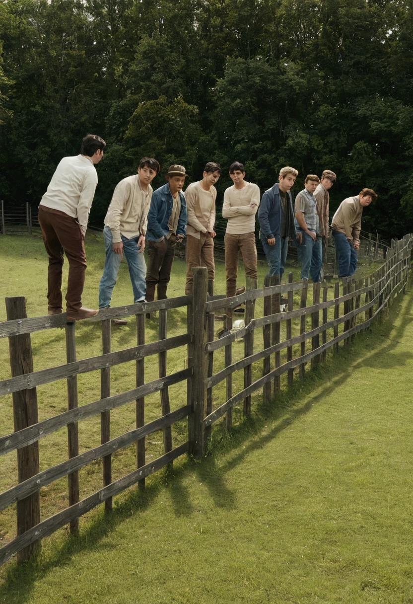 5 men, 5 people, all peeing on the fence, urine flowing on the ground