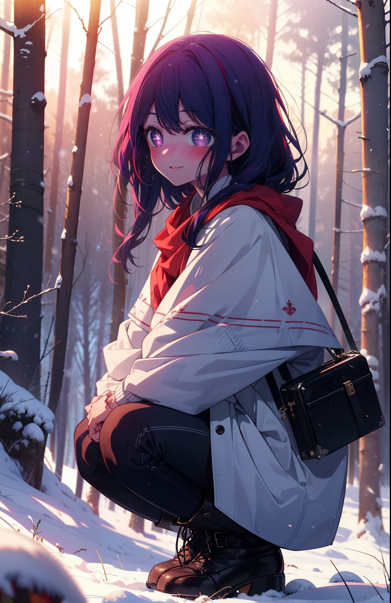 aihoshino, Ai Hoshino, Long Hair, bangs, (Purple eyes:1.1), Purple Hair, (Symbol-shaped pupil:1.5), smile,,smile,blush,white breath,
Open your mouth,snow,Ground bonfire, Outdoor, boots, snowing, From the side, wood, suitcase, Cape, Blurred, , forest, White handbag, nature,  Squat, Mouth closed, Cape, winter, Written boundary depth, Black shoes, red Cape break looking at viewer, Upper Body, whole body, break Outdoor, forest, nature, break (masterpiece:1.2), Highest quality, High resolution, unity 8k wallpaper, (shape:0.8), (Beautiful and beautiful eyes:1.6), Highly detailed face, Perfect lighting, Highly detailed CG, (Perfect hands, Perfect Anatomy),