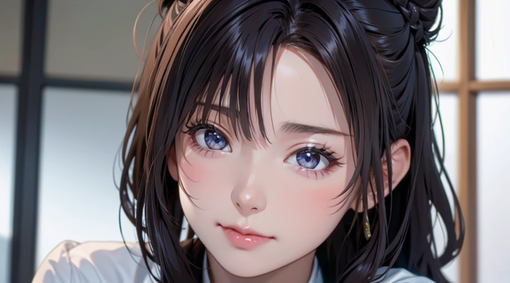 masterpiece, 最high quality, Ultra-high resolution, (Realistic:1.4), Beautiful face in every detail, high qualityの衣類, Amazing European Women, very cute, Portraiture, 肌が柔らかくてPerfect Face、Perfect Face, Shoot your hair, 8k resolution,Super Realistic,Very detailed,high quality, Broad perspective, (Hair Bun:1.3)
