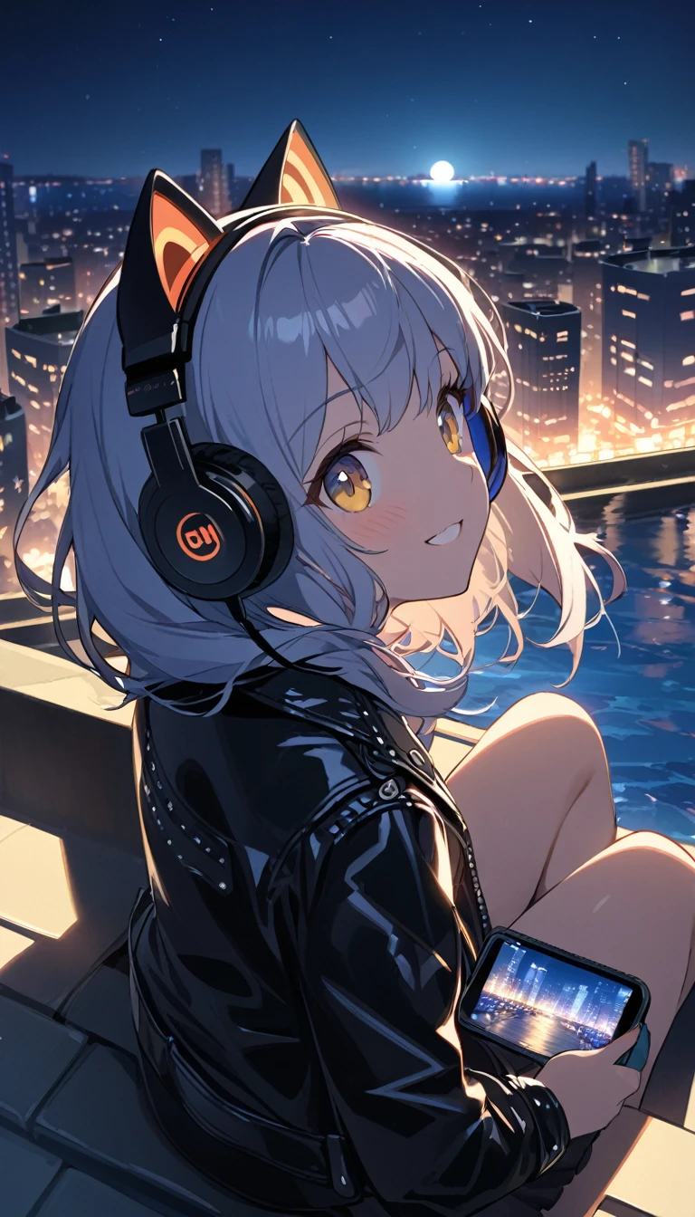 A girl, cat ears, wearing headphones and a leather jacket, is sitting on the edge of a rooftop at night. The city lights are shining behind her, and the moon is reflected on the sea. She is smiling and enjoying the music, unaware of the camera that is capturing this moment.