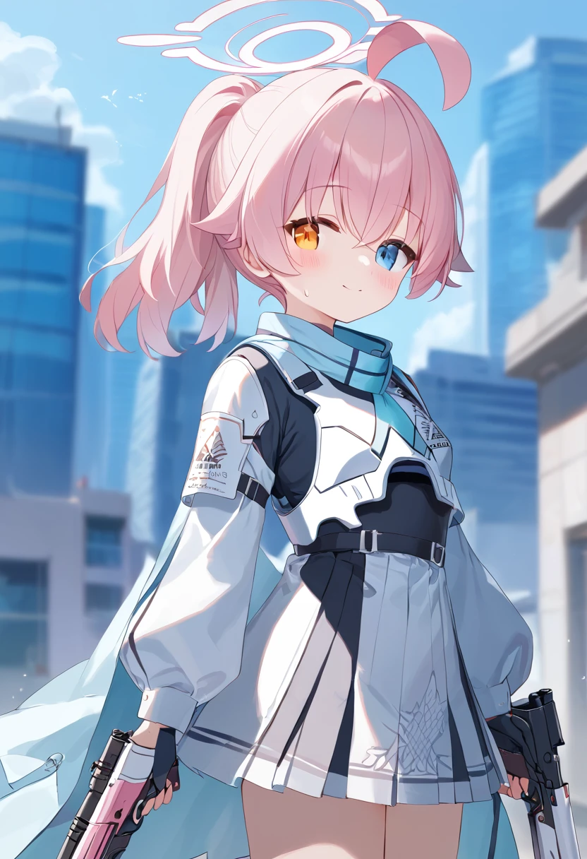 score_9,score_8_up,score_7_up,source_anime,cowboy shot,Idealized Forms,Natural Light,details background,blurry background,extremely detailed,1girl,,hoshino(blue archive),pink hiar,halo,ahoge,medium hair,heterochromia,ponytail,clothes(body armor),white shot gun,(day break),building,(No expression)