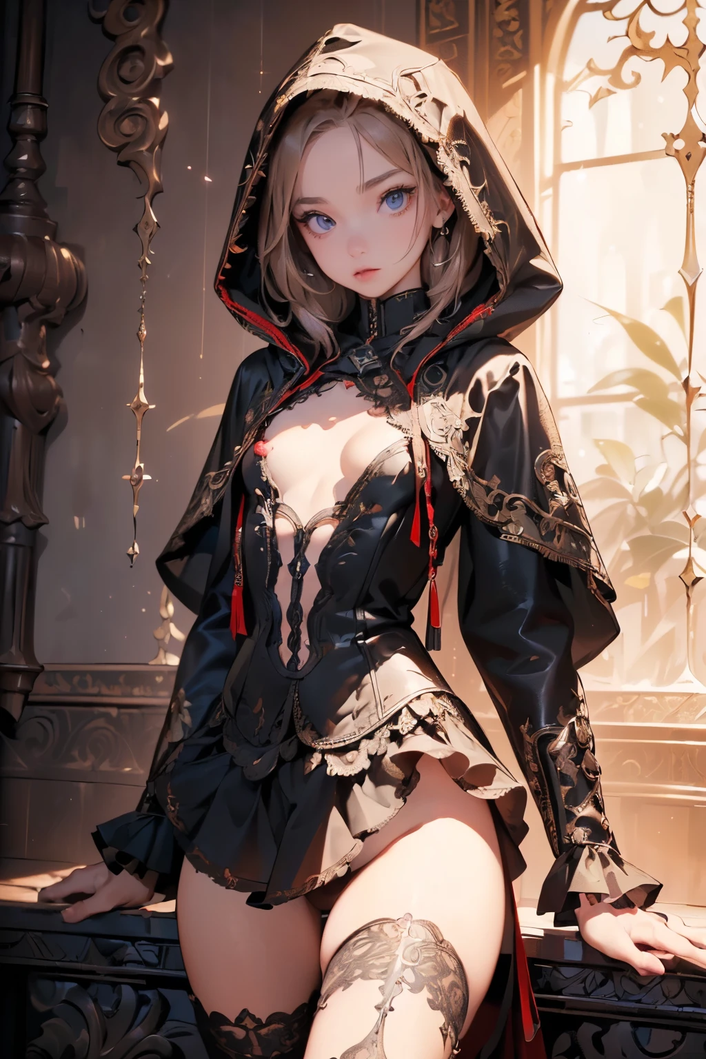 (((masterpiece, of the highest quality, super detailed))), (a female knight of an occult order), (an occult saint), (combat pose), (ready for combat), (resolved expression), (resolute expression), (((a beautifully intricate ornate sword floating next to her))), Edwardian/Victorian era inspired, ((minimal but intricate beautiful armour)), ((Fluttering lace flared dress with frilly petticoats)), ((((Highly detailed face))), (((Very sharp focused eyes))), very long eyelashes, (small breasts), (((flat chest:1.1))), occult aesthetic, (red and white clothing detailed and intricate steampunk and detailed gothic), (with a hood), complex lace boots, (full body)