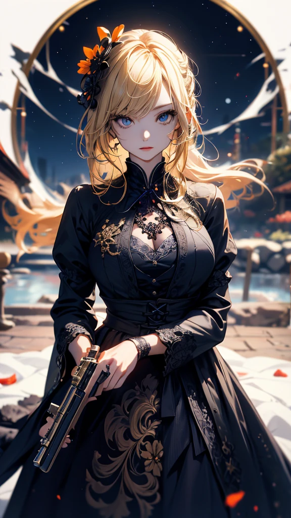 masterpiece, high quality, 4K, Beautiful design, silhouette,blonde, 非常に詳細な夜のStarry Sky,Flower Field, wonderful, Finer details, Very knowledgeable woman, Highly detailed solo, 1 female,Big Breasts,Gothic Lolita Fashion,2Hold a gun in front of your chest.,Night view,Starry Sky,full moon,