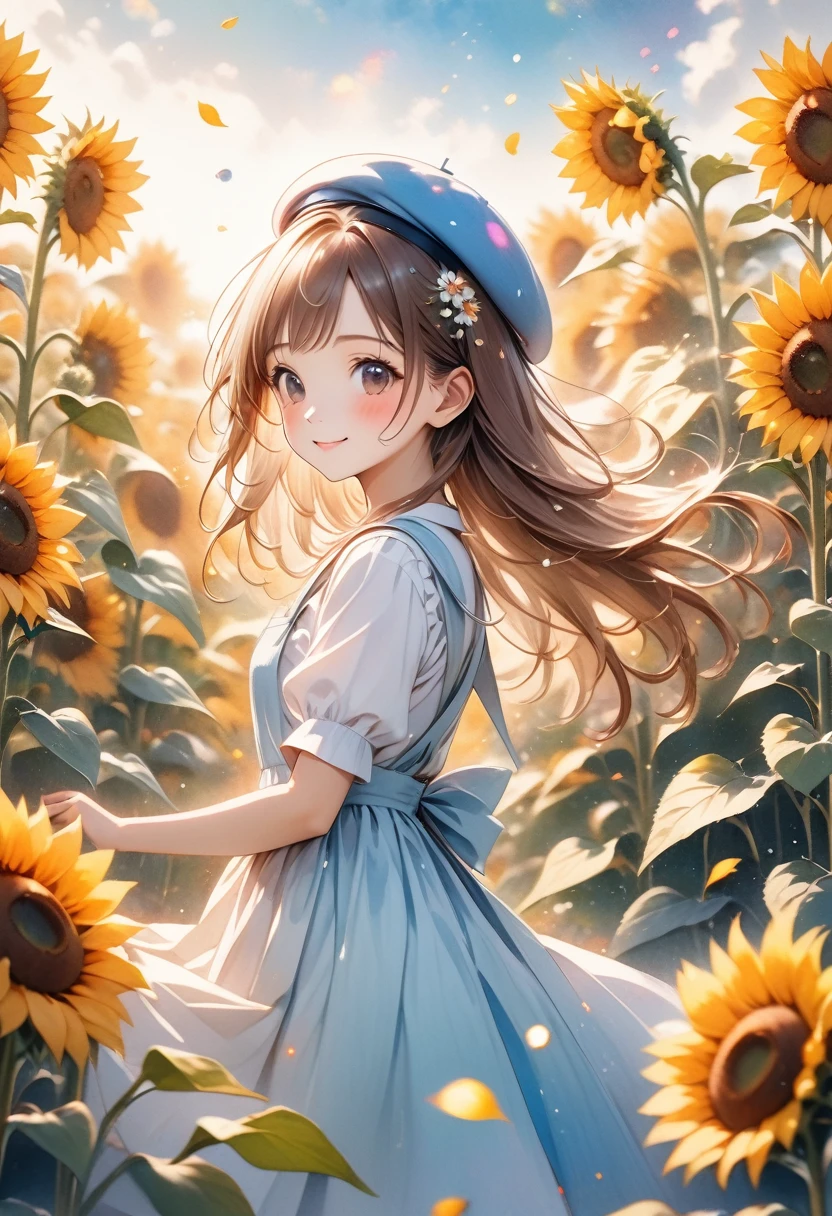 , ((beret)), solo, yellow hair, long hair, light blue pinafore, smile, blue sky, in a sunflower field, (surrounded by sunflowers), wind, petals, hand on own head, ((tareme)), (watercolor style), volumetric light, (pastel color style), anime, (masterpiece, best quality, very aesthetic, absurdres, detailed background), newest, intricate, ai-generated, illustration, shine colorful, from side, ((cowboy shot)), bloom, (light particles),