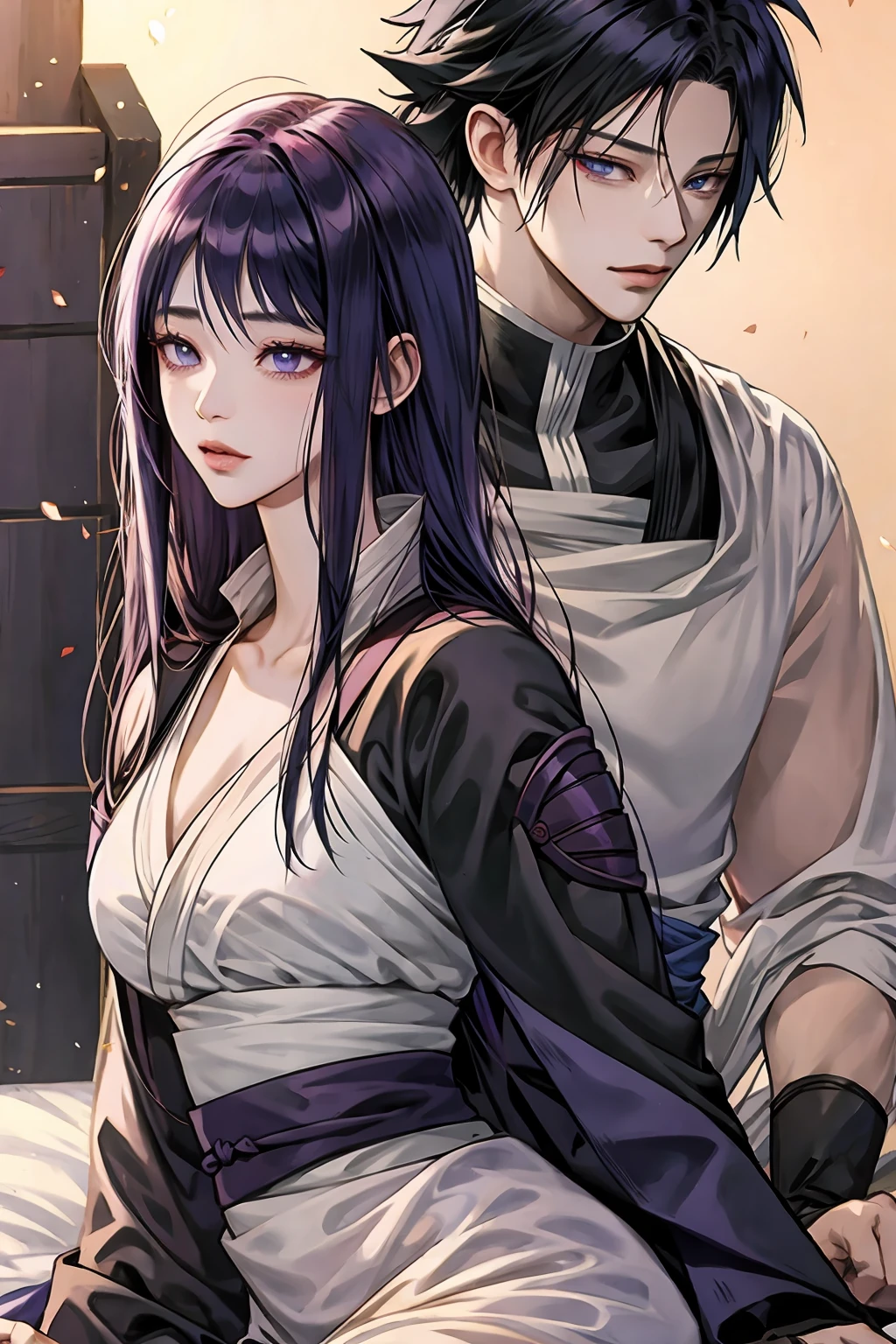 Medieval romantic novel cover of a warrior man and a slave woman, ((1 male, Sasuke Uchiha)), ((1 female, Hinata Hyuga))
