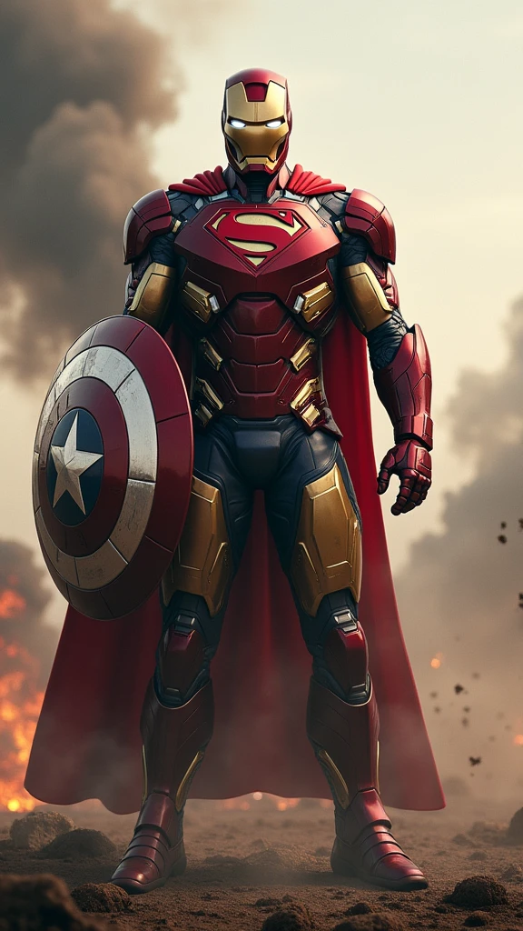 Wearing Iron Man's armor and helmet,A character holding a Captain America shield,Superman logo on the chest,Behind me is the smoke of war