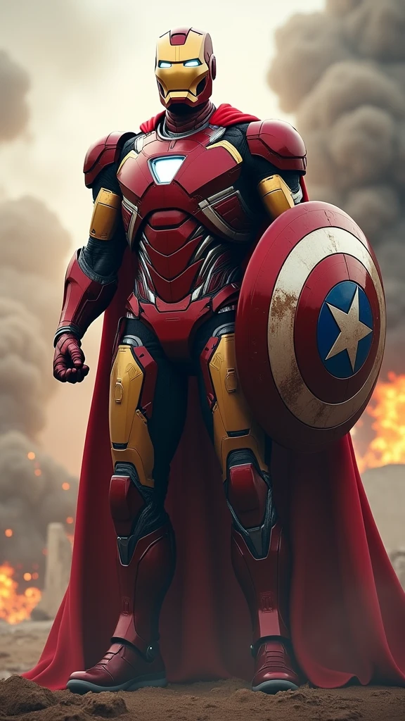 Wearing Iron Man's armor and helmet,A character holding a Captain America shield,Superman logo on the chest,Behind me is the smoke of war