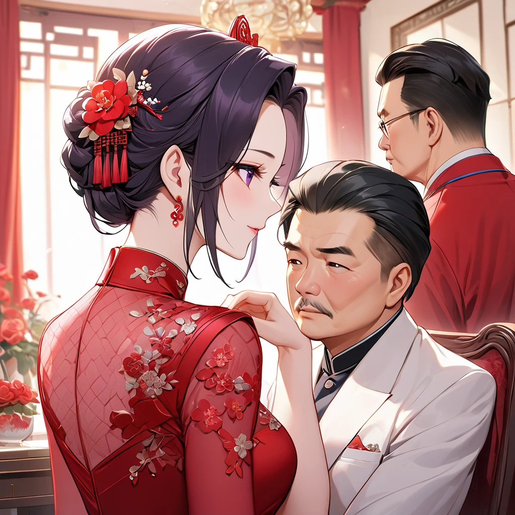 ((Highest quality)), ((masterpiece)), (detailed), （Perfect Face）、The woman is a Chinese woman named Kocho Shinobu.。, Purple gradient bob black hair and formal evening hairstyles. She is wearing an engagement ring. She is a prominent member of the Chinese Communist Party.、She is the honored wife of a great old Communist Party cadre.、The woman is beautifully dressed in a gorgeous red wedding dress and red wedding veil, typical of the Chinese Communist Party.、An elegant Chinese lady in a posh room、A woman is a wonderful Chinese lady who loves and devotes herself to her husband, a good wife and mother, and the supreme joy of serving her husband and China is the absolutism of the Chinese Communist Party.