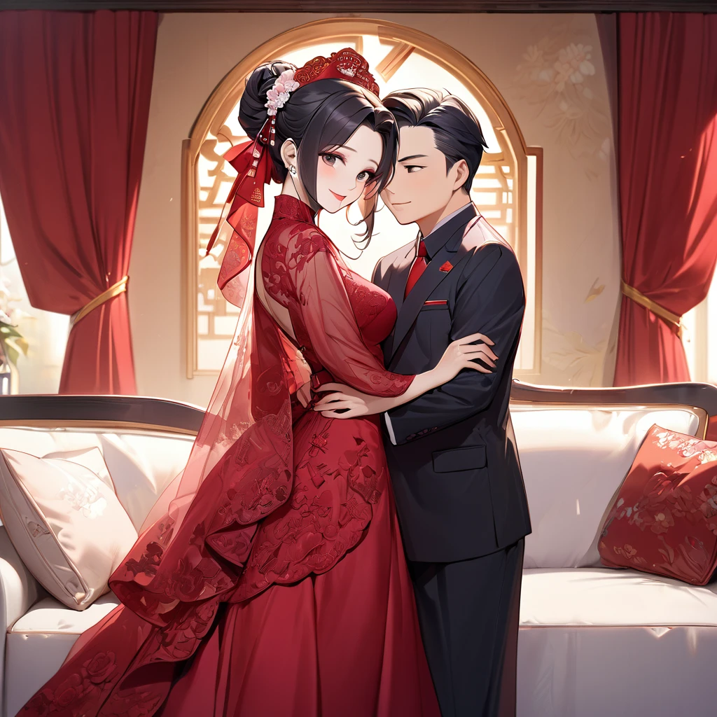 ((Highest quality)), ((masterpiece)), (detailed), （Perfect Face）、The woman is a Chinese woman named Kocho Shinobu.。, Purple gradient bob black hair and formal evening hairstyles. She is wearing an engagement ring. She is a prominent member of the Chinese Communist Party.、She is the honored wife of a great old Communist Party cadre.、The woman is beautifully dressed in a gorgeous red wedding dress and red wedding veil, typical of the Chinese Communist Party.、An elegant Chinese lady in a posh room、A woman is a wonderful Chinese lady who loves and devotes herself to her husband, a good wife and mother, and the supreme joy of serving her husband and China is the absolutism of the Chinese Communist Party.