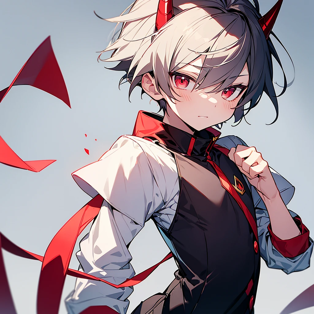 Boy version of Eri in my hero academia, he have white short hair with red eyes he is a 7 boy, he have a little horn on his right side of his head and he wear a simple white shirt with short and he is solo