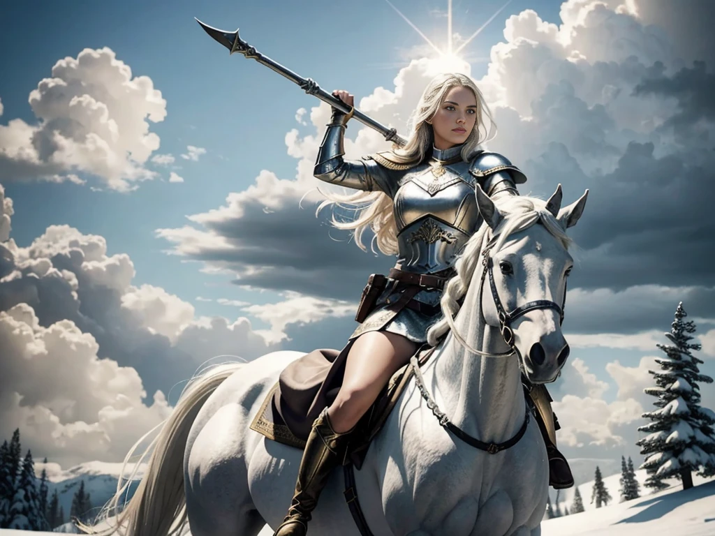 The Valkyrie sits on a snow-white horse, gracefully guiding it forward. Her face is beautiful and majestic, with delicate features and a piercing gaze. Her long snow-white hair flutters in the wind, emphasizing her divine nature. Her golden armor sparkles in the sun, emphasizing her strength and status. She leads an army, determined to follow their leader, For everyone knows that where she is, there is victory, and the enemies will be defeated. Behind her, menacing clouds are visible, foreshadowing a quick battle, But the warriors will not falter, led by the courage and wisdom of their Valkyrie.