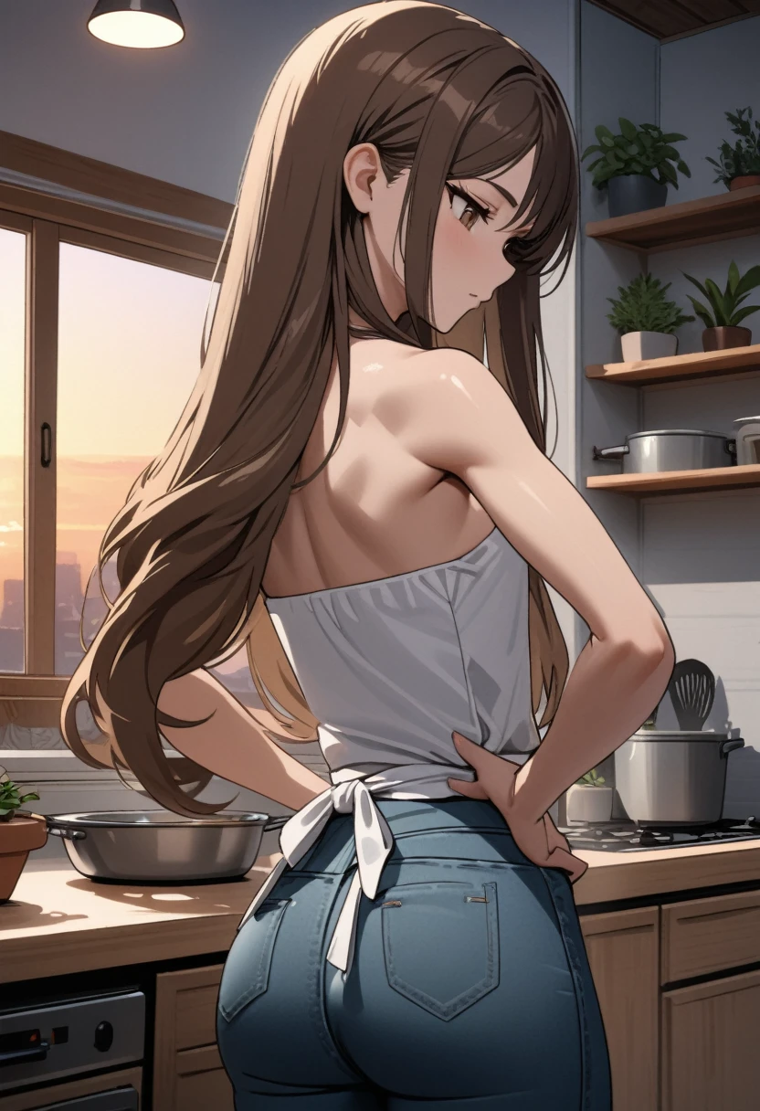 best quality, masterpiece, stoic,young woman, from behind, head tilt, looking down, upper body, close up, brown eyes, brown hair, very long hair, swept bangs, strapless teal shirt, jeans, white apron, small breasts, toned arms, cooking, in the kitchen, wooden walls, potted plant, window, dusk, hands on hips,