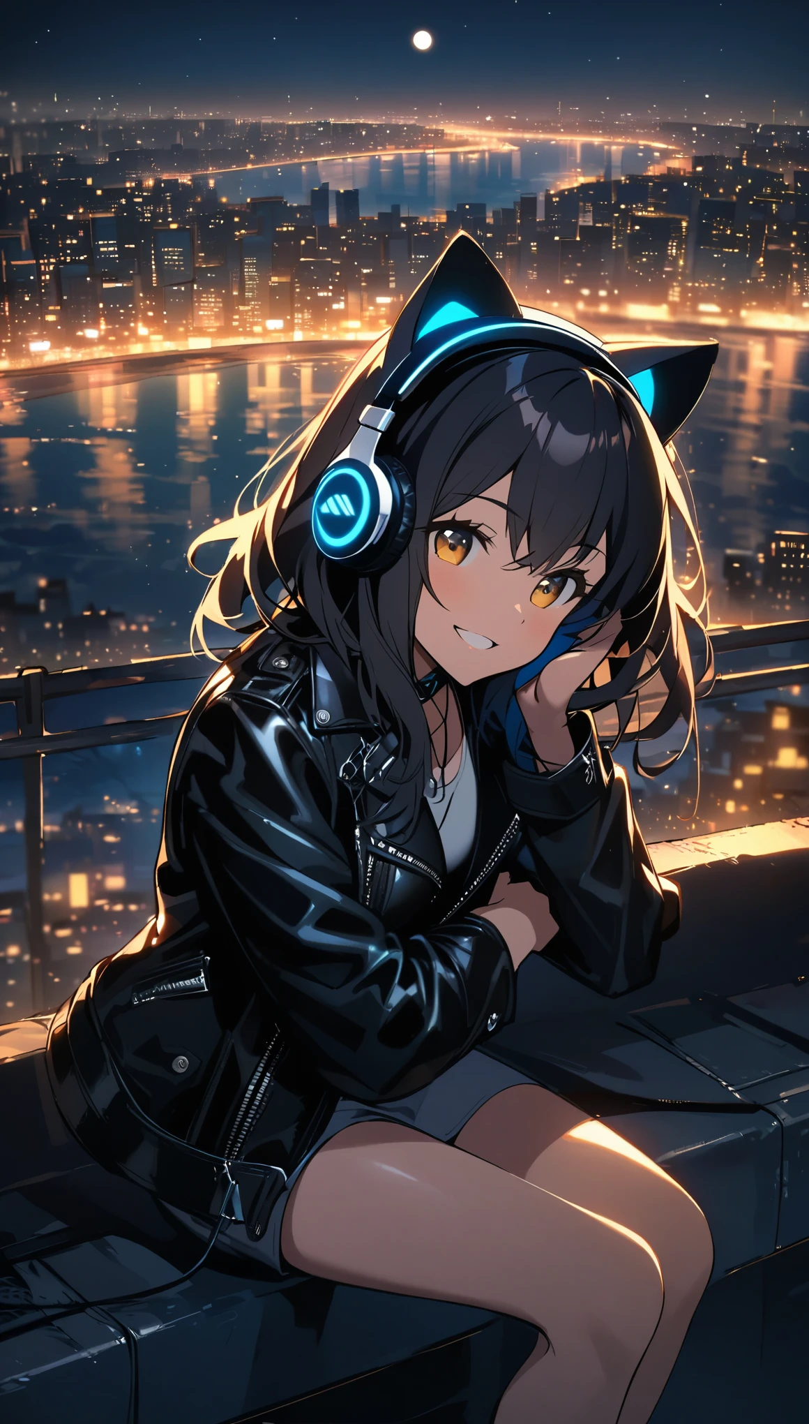 A girl, cat ears, wearing headphones and a leather jacket, is sitting on the edge of a rooftop at night. The city lights are shining behind her, and the moon is reflected on the sea. She is smiling and enjoying the music, unaware of the camera that is capturing this moment.