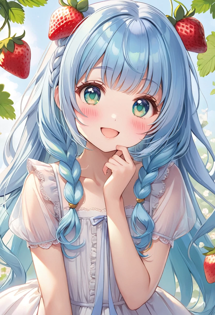 masterpiece, best quality, extremely detailed, (illustration, official art:1.1), 1 girl ,(((( light blue long hair)))), ,(((( light blue long hair)))),light blue hair, , long hair ((blush)) , cute face, big eyes, masterpiece, best quality,(((((a very delicate and beautiful girl))))),Amazing,beautiful detailed eyes,blunt bangs((((little delicate girl)))),tareme(true beautiful:1.2), sense of depth,dynamic angle,,,, affectionate smile, (true beautiful:1.2),,(tiny 1girl model:1.2),)(flat chest), a girl anime girl with lots of light blue hair and strawberries around her, 1girl, green eyes, solo, green hair, braid, twin braids, flower, long hair, dress, hair ornament, smile, short sleeves, looking at viewer, food, hair flower, blush, strawberry hair ornament, frills, open mouth,((Incredibly detailed), #3b4195 background, stunning flowers, juicy berries, lush ferns, vibrant leaves, serene watercolor pattern), (Impressive watercolor texture), ((1 girl), cute, )、Chocolate on strawberries、(((Chocolate,Melting chocolate frame,Strawberry chocolate fondue ,Chocolate covered strawberries))),anime girl holding a heart shaped chocolate box in a school hallway, cute realistic portrait, yandere, Cute girl anime visual, anime lover, ❤🔥🍄🌪, (anime girl), everyone, cute anime girl, lofi girl