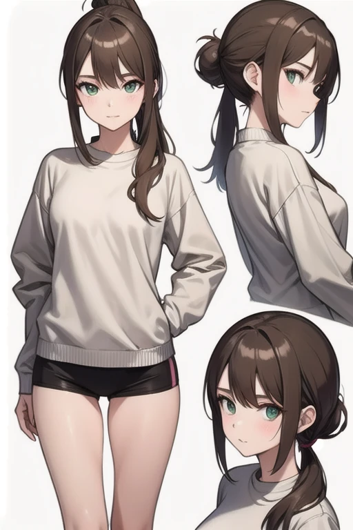 Emily is 23 years old and has light brown hair., She usually wears her hair in a bun or ponytail.. His eyes are green and expressive, His gentle and warm personality is apparent. Her height is average, About 1.65 points, Thanks to exercise habits、Maintain a slim and toned figure. Emily likes to wear simple, comfortable clothes., Wear practical clothes, Long sleeve blouses and neutral colors. She doesn't usually wear much makeup, Prefer a natural look. Highest quality, Realistic photos, 32K ....